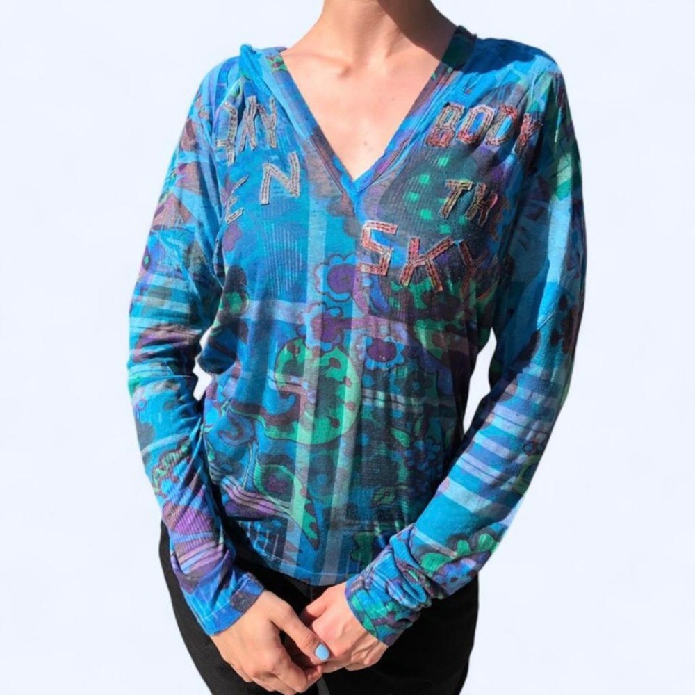 Y2K Custo Barcelona Blue V-Neck Long Sleeve Women's Top